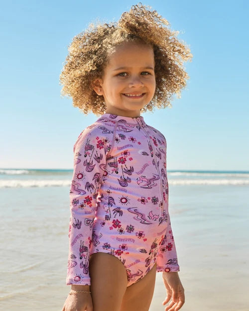 BILLABONG GIRLS 0-5 HULA HAZE ONE PIECE SHORTIE LONG SLEEVE RASH VEST – ORCHID