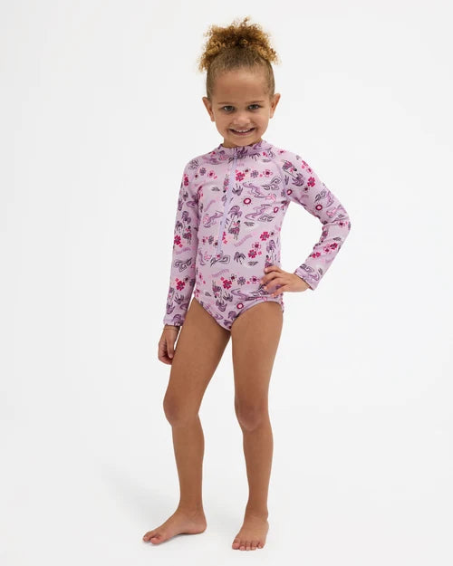 BILLABONG GIRLS 0-5 HULA HAZE ONE PIECE SHORTIE LONG SLEEVE RASH VEST – ORCHID