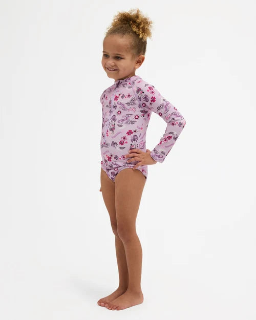 BILLABONG GIRLS 0-5 HULA HAZE ONE PIECE SHORTIE LONG SLEEVE RASH VEST – ORCHID