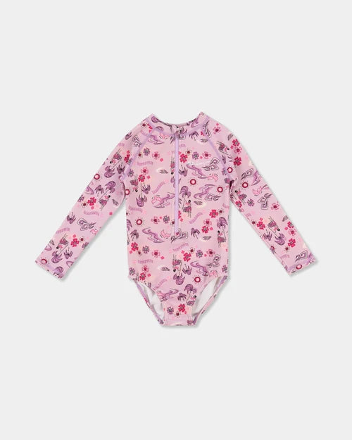 BILLABONG GIRLS 0-5 HULA HAZE ONE PIECE SHORTIE LONG SLEEVE RASH VEST – ORCHID