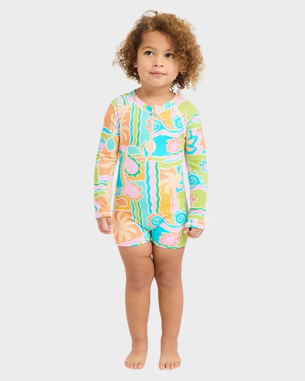BILLABONG GIRLS 0-5 SOL PLAYA ONE PIECE SHORTIE LONG SLEEVE RASH VEST – BRIGHT MARINE