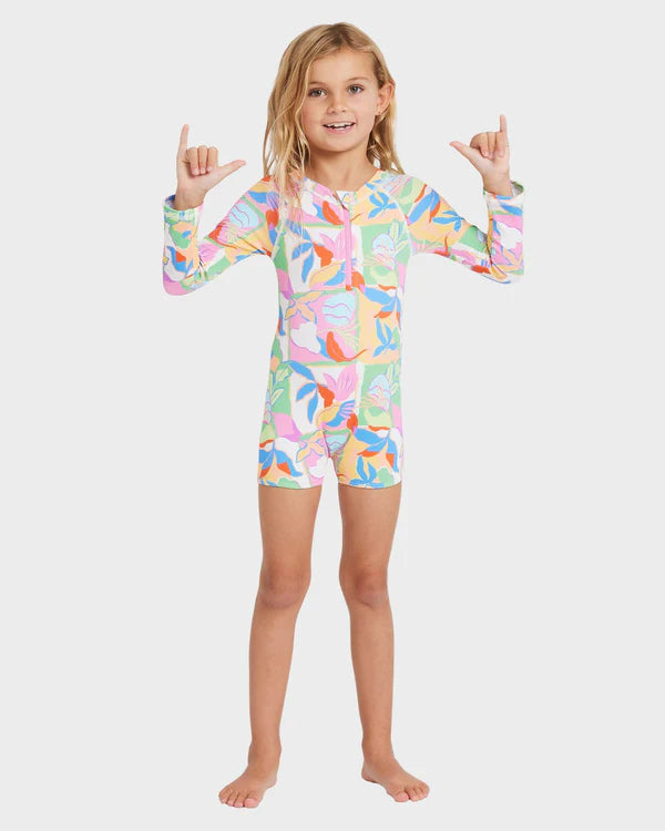 BILLABONG GIRLS 0-5 SUN SHIFT ONE PIECE LONG SLEEVE RASH VEST MULTI UV SWIM