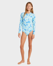 BILLABONG GIRLS 6-14 HAPPY HIBISCUS LONG SLEEVE BODYSUIT RASH VEST (TIDAL BLUE)
