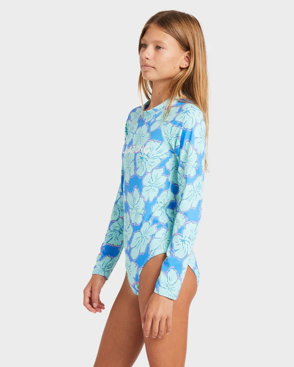 BILLABONG GIRLS 6-14 HAPPY HIBISCUS LONG SLEEVE BODYSUIT RASH VEST (TIDAL BLUE)