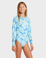 BILLABONG GIRLS 6-14 HAPPY HIBISCUS LONG SLEEVE BODYSUIT RASH VEST (TIDAL BLUE)