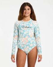 BILLABONG GIRLS 6-16 HIBISCUS HAZE LONG SLEEVE BODYSUIT RASH VEST – AQUA HAZE