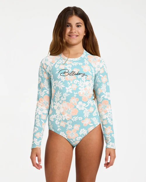 BILLABONG GIRLS 6-16 HIBISCUS HAZE LONG SLEEVE BODYSUIT RASH VEST – AQUA HAZE