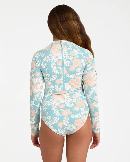 BILLABONG GIRLS 6-16 HIBISCUS HAZE LONG SLEEVE BODYSUIT RASH VEST – AQUA HAZE