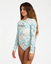 BILLABONG GIRLS 6-16 HIBISCUS HAZE LONG SLEEVE BODYSUIT RASH VEST – AQUA HAZE
