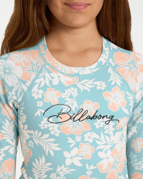 BILLABONG GIRLS 6-16 HIBISCUS HAZE LONG SLEEVE BODYSUIT RASH VEST – AQUA HAZE