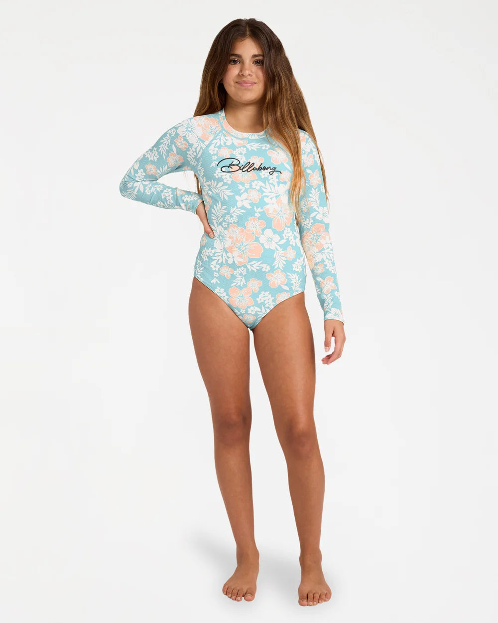 BILLABONG GIRLS 6-16 HIBISCUS HAZE LONG SLEEVE BODYSUIT RASH VEST – AQUA HAZE