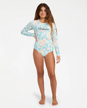 BILLABONG GIRLS 6-16 HIBISCUS HAZE LONG SLEEVE BODYSUIT RASH VEST – AQUA HAZE