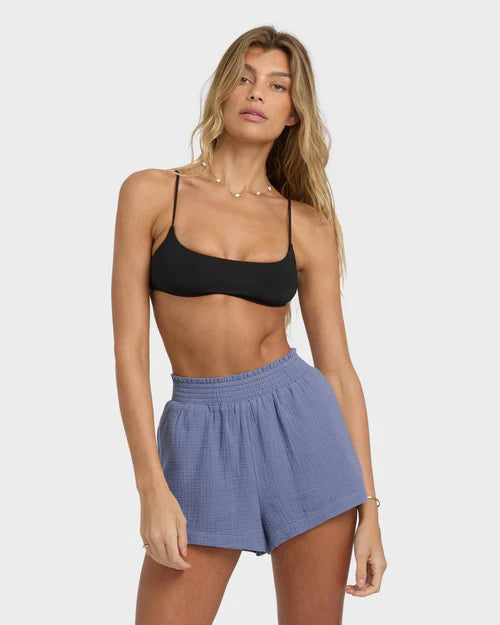 BILLABONG IN THE WAVES WOMENS ELASTIC WAIST SHORTS STONE BLUE SUMMER SURF STYLE