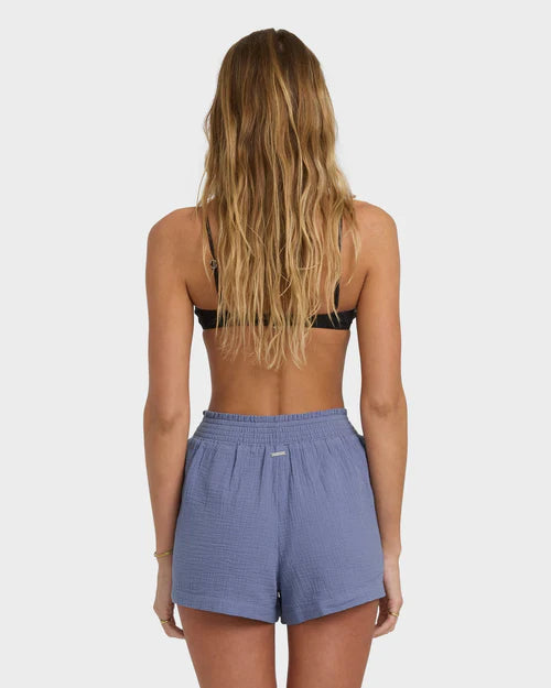 BILLABONG IN THE WAVES WOMENS ELASTIC WAIST SHORTS STONE BLUE SUMMER SURF STYLE