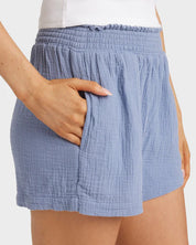 BILLABONG IN THE WAVES WOMENS ELASTIC WAIST SHORTS STONE BLUE SUMMER SURF STYLE