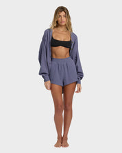 BILLABONG IN THE WAVES WOMENS ELASTIC WAIST SHORTS STONE BLUE SUMMER SURF STYLE