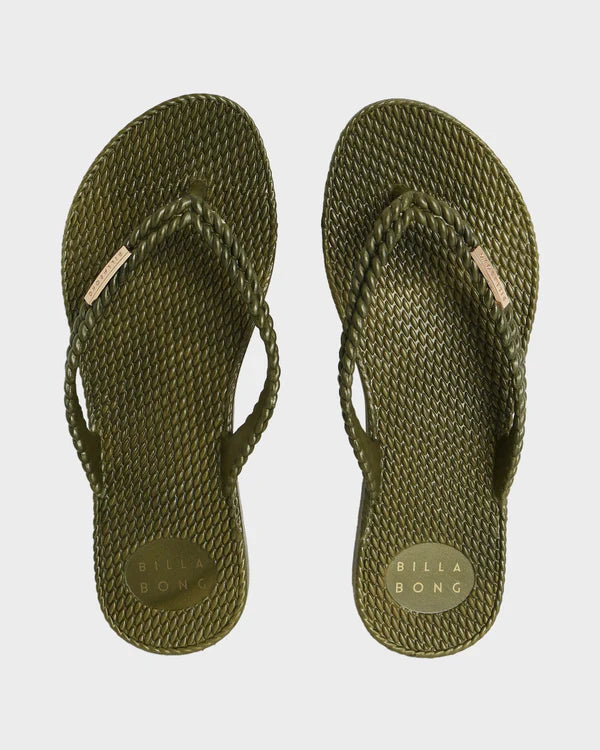 BILLABONG KICK BACK METALLIC THONGS WOMENS BEACH SANDALS DARK OLIVE