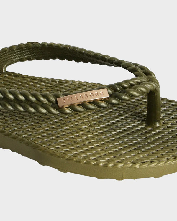 BILLABONG KICK BACK METALLIC THONGS WOMENS BEACH SANDALS DARK OLIVE