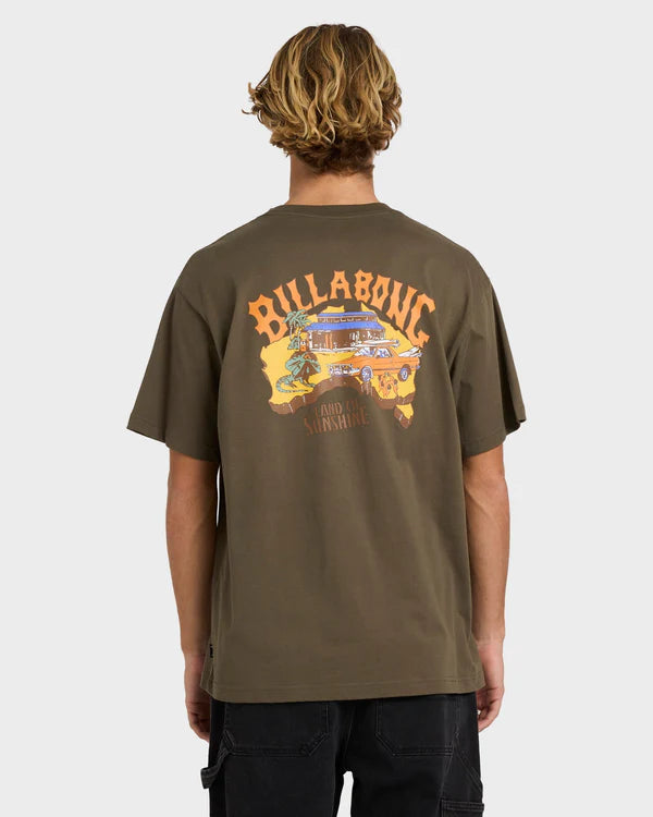 BILLABONG MENS LAND OF SUNSHINE T-SHIRT REGULAR FIT COTTON GRAPHIC TEE MILITARY
