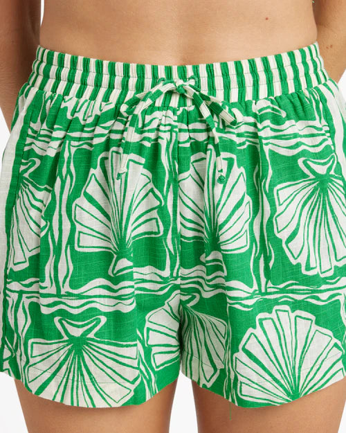 BILLABONG SEASHELL WOMENS SHORTS KELLY GREEN SUMMER RESORT BEACH ELASTIC WAIST