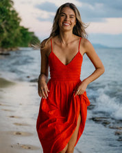 BILLABONG SUCH A TRIP WOMENS MIDI DRESS RED ALOHA SUMMER RESORT TROPICAL STYLE