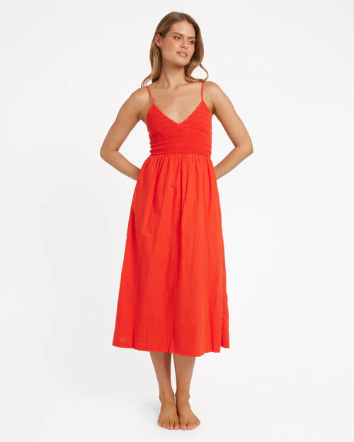 BILLABONG SUCH A TRIP WOMENS MIDI DRESS RED ALOHA SUMMER RESORT TROPICAL STYLE