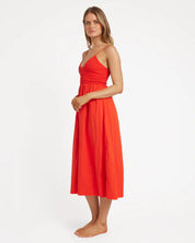 BILLABONG SUCH A TRIP WOMENS MIDI DRESS RED ALOHA SUMMER RESORT TROPICAL STYLE