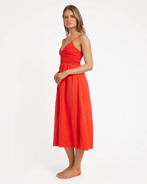 BILLABONG SUCH A TRIP WOMENS MIDI DRESS RED ALOHA SUMMER RESORT TROPICAL STYLE