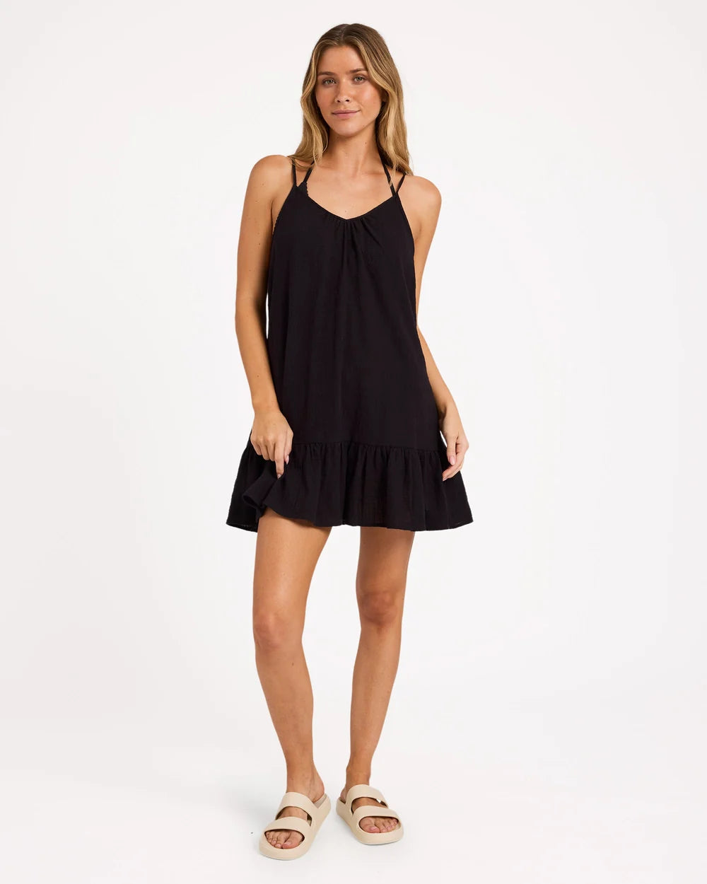 BILLABONG WOMENS BEACH VIBES COVER-UP MINI DRESS – BLACK PEBBLE