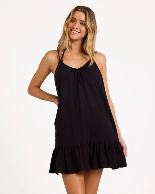 BILLABONG WOMENS BEACH VIBES COVER-UP MINI DRESS – BLACK PEBBLE