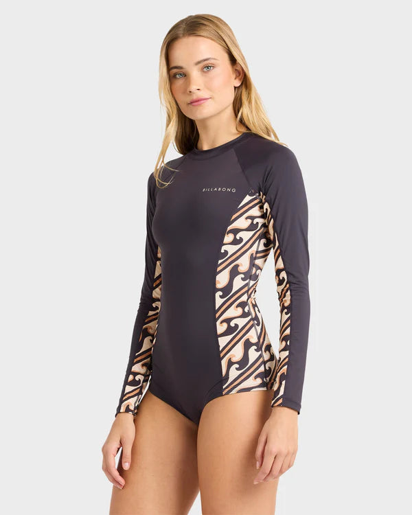 BILLABONG WOMENS DARK WAVE LONG SLEEVE RASH VEST BLACK PEBBLE SURF