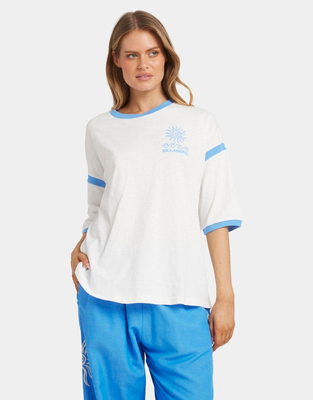 BILLABONG WOMENS FIND ME HERE T-SHIRT OVERSIZED COTTON TEE WITH V-NECK WHITE