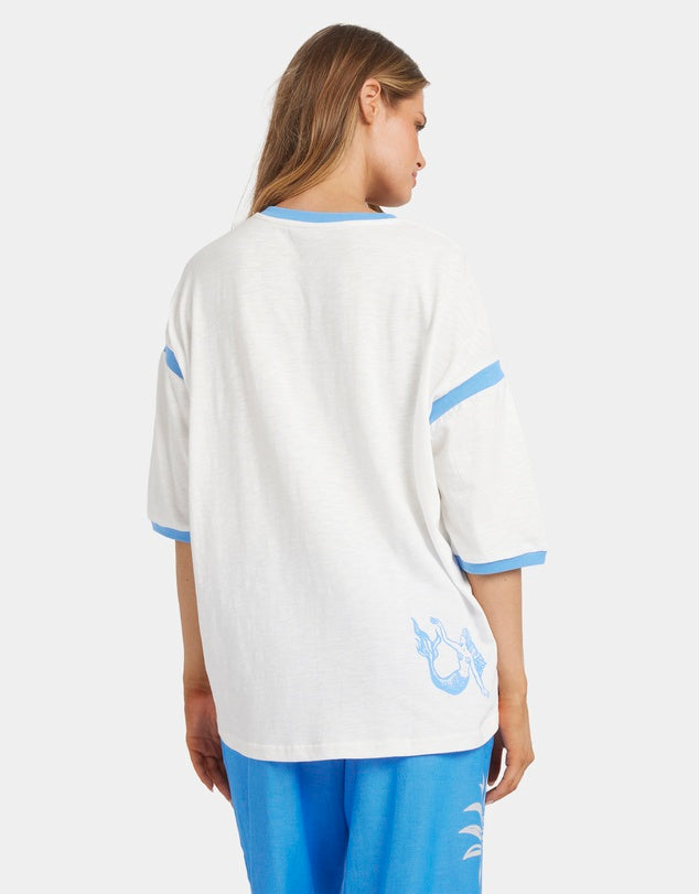 BILLABONG WOMENS FIND ME HERE T-SHIRT OVERSIZED COTTON TEE WITH V-NECK WHITE