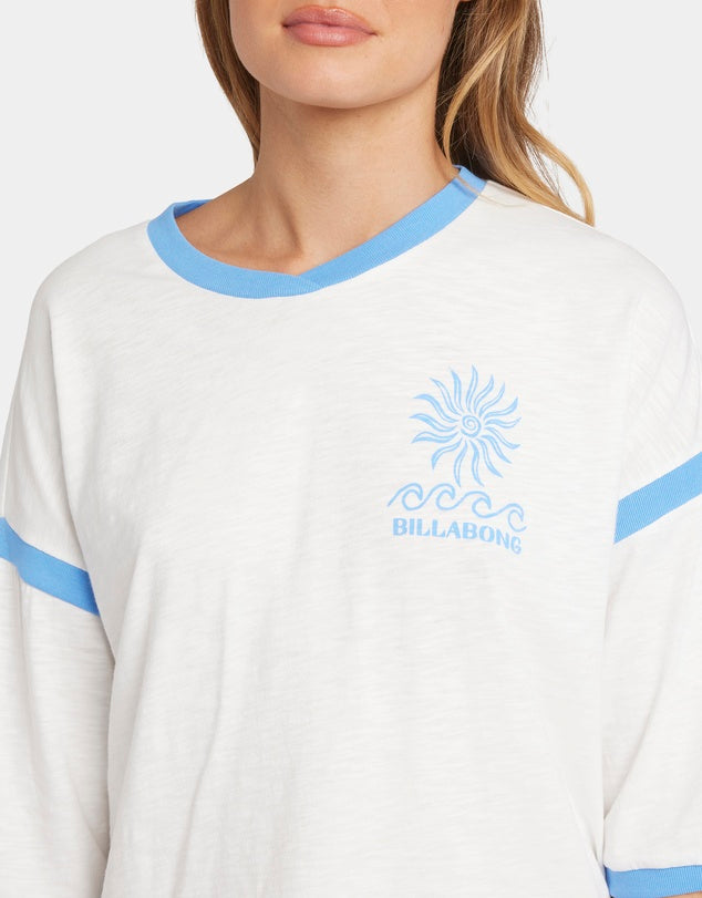 BILLABONG WOMENS FIND ME HERE T-SHIRT OVERSIZED COTTON TEE WITH V-NECK WHITE