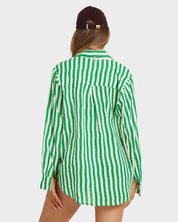 BILLABONG WOMENS KELLY STRIPE SWELL LONG SLEEVE SHIRT OVERSIZED BUTTON DOWN KELLY GREEN