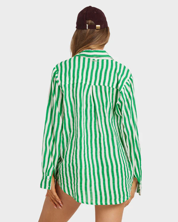 BILLABONG WOMENS KELLY STRIPE SWELL LONG SLEEVE SHIRT OVERSIZED BUTTON DOWN KELLY GREEN