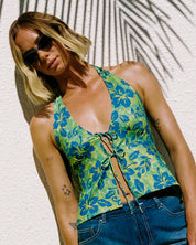 BILLABONG WOMENS LIME CRUSH HALTER TOP TEXTURED SUMMER CROP WITH TIE NECK LIMEADE