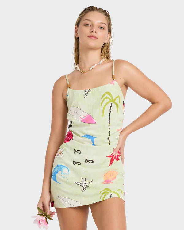 BILLABONG WOMENS LOTTIE HALL MINI DRESS RELAXED BEACH STYLE – SUNNY LIME