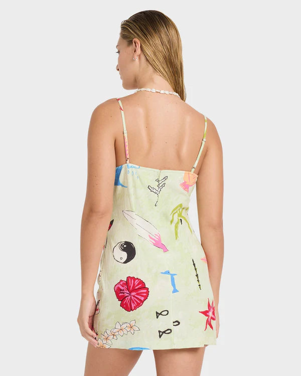 BILLABONG WOMENS LOTTIE HALL MINI DRESS RELAXED BEACH STYLE – SUNNY LIME
