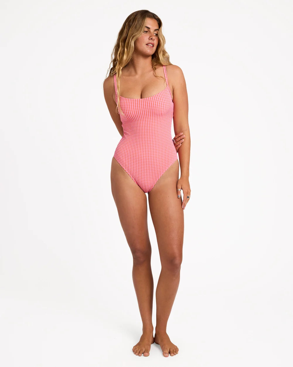 BILLABONG WOMENS MINI WAVE CHECK MIA D/DD ONE PIECE SWIMSUIT – TANGERINE