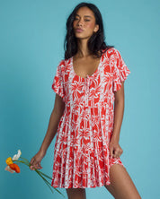 BILLABONG WOMENS ROW OF PALMS TIERED MINI DRESS FLOWY SUMMER PRINT DRESS RED ALOHA