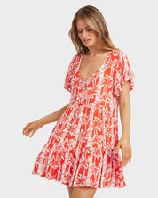 BILLABONG WOMENS ROW OF PALMS TIERED MINI DRESS FLOWY SUMMER PRINT DRESS RED ALOHA
