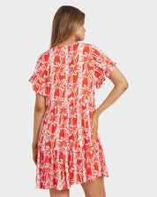 BILLABONG WOMENS ROW OF PALMS TIERED MINI DRESS FLOWY SUMMER PRINT DRESS RED ALOHA