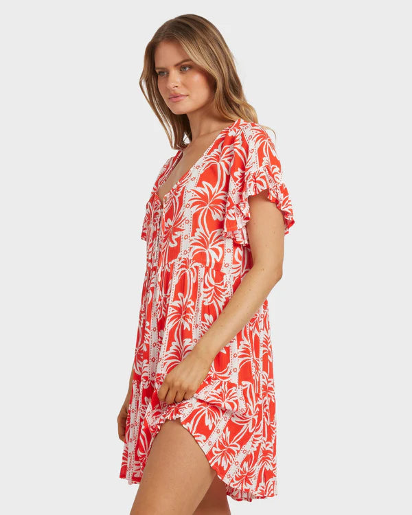 BILLABONG WOMENS ROW OF PALMS TIERED MINI DRESS FLOWY SUMMER PRINT DRESS RED ALOHA