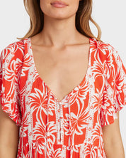 BILLABONG WOMENS ROW OF PALMS TIERED MINI DRESS FLOWY SUMMER PRINT DRESS RED ALOHA