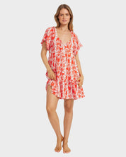 BILLABONG WOMENS ROW OF PALMS TIERED MINI DRESS FLOWY SUMMER PRINT DRESS RED ALOHA