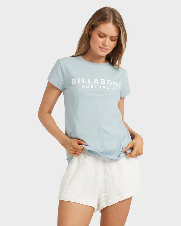 BILLABONG WOMENS SOCIETY T-SHIRT REGULAR FIT COTTON TEE WITH CHEST PRINT MINERAL BLUE
