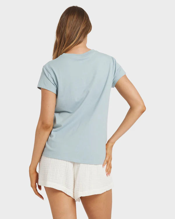 BILLABONG WOMENS SOCIETY T-SHIRT REGULAR FIT COTTON TEE WITH CHEST PRINT MINERAL BLUE