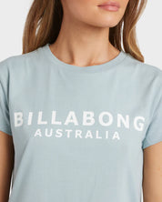 BILLABONG WOMENS SOCIETY T-SHIRT REGULAR FIT COTTON TEE WITH CHEST PRINT MINERAL BLUE