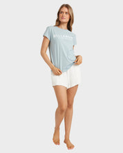 BILLABONG WOMENS SOCIETY T-SHIRT REGULAR FIT COTTON TEE WITH CHEST PRINT MINERAL BLUE